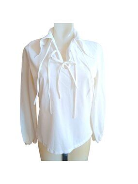 True Vintage White Long Sleeve Blouse Small Tie Neck Elastic Cuffs 1970's Boho